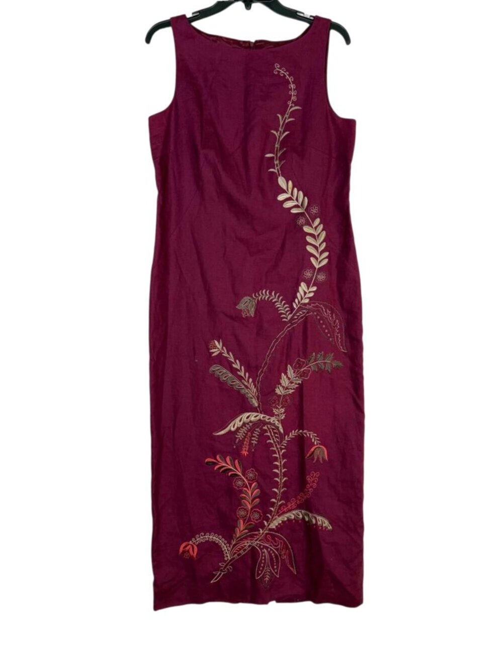 Vintage Laura Ashley Burgundy Embroidered Linen Midi Dress – Size 14 (UK 14)